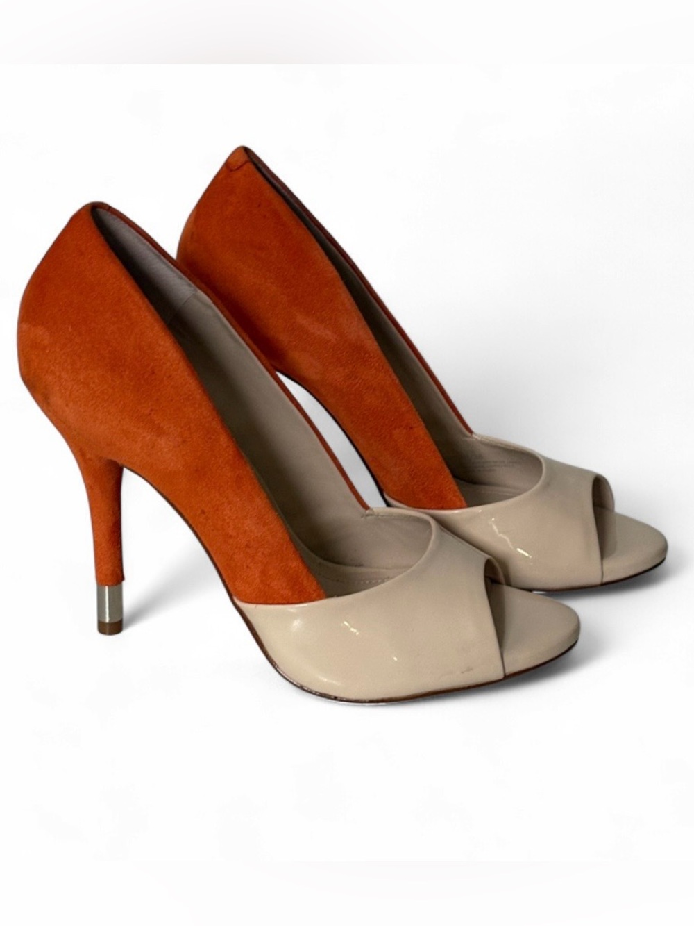 BCBGeneration NUDE BLUSH/TANGERINE Suede Patent Peep-Toe Heels